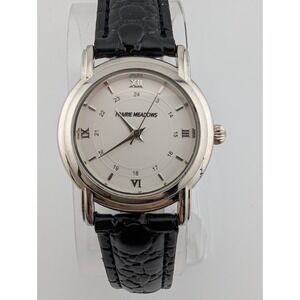 Prairie Meadows Watch Women 30mm Silver Case Black Faux Leather Band New Battery